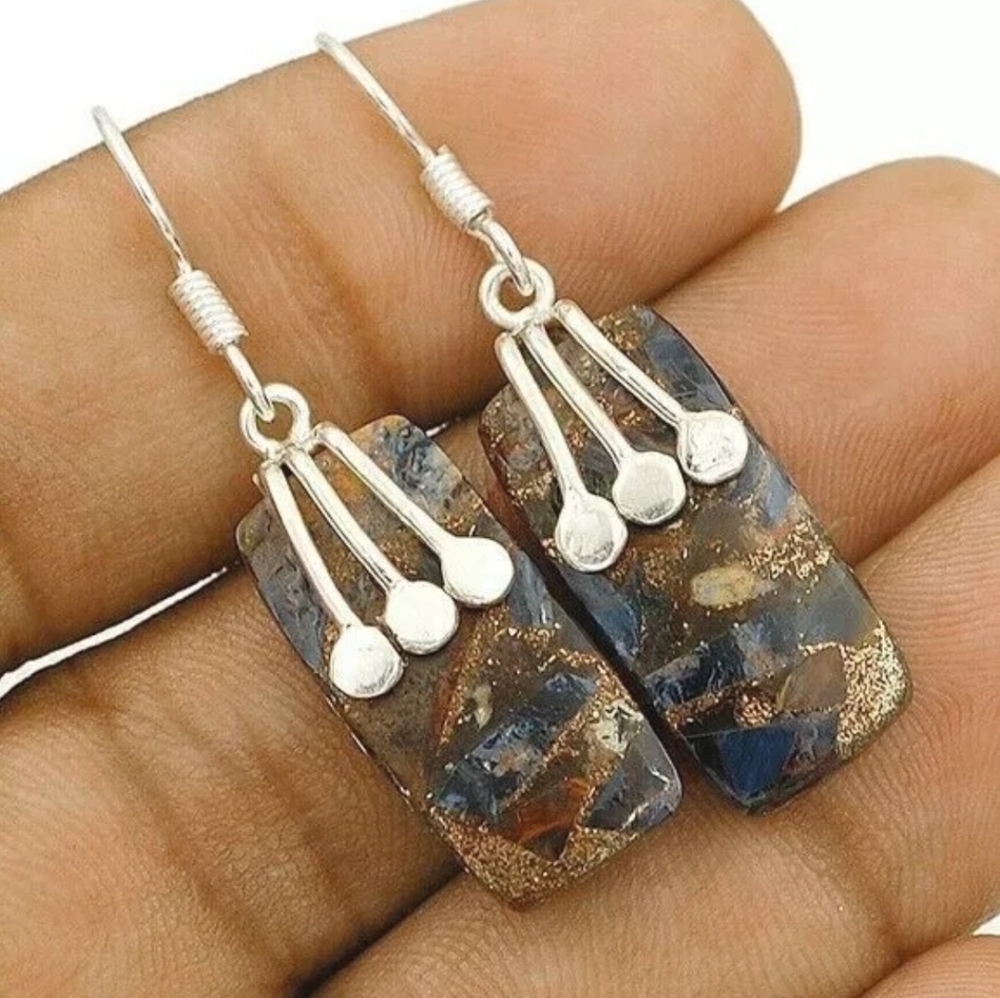 NATURAL PIETERSITE STERLING SILVER 925 EARRINGS Artisan Made - Picture 2 of 7